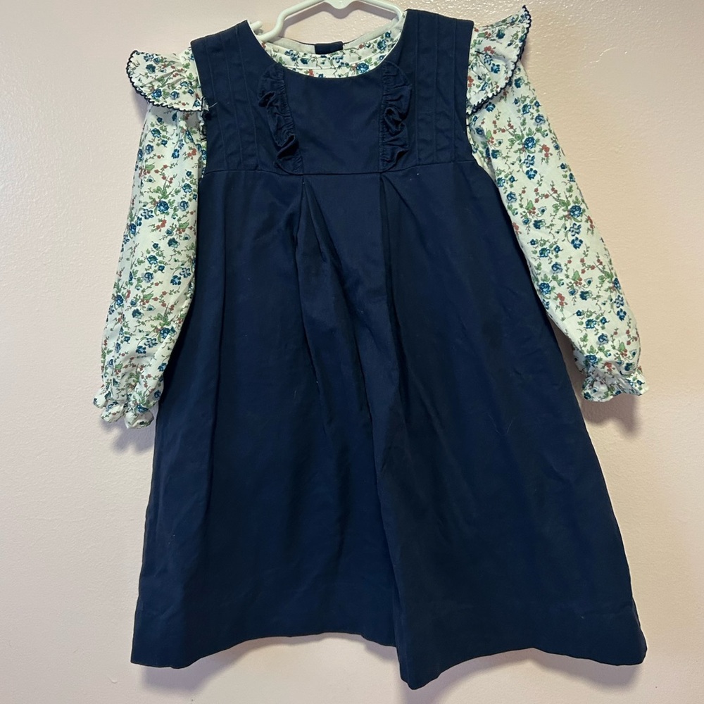 Sugar Dumplin Kids Navy Blue Floral Pinafore Dress Sz 4t